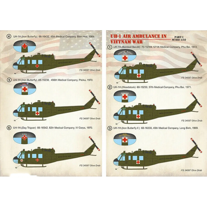 Print Scale 32-031 Decal 1:32 UH-1 Air Ambulance in Vietnam War + Technical Stencils The complete set 2 leaf