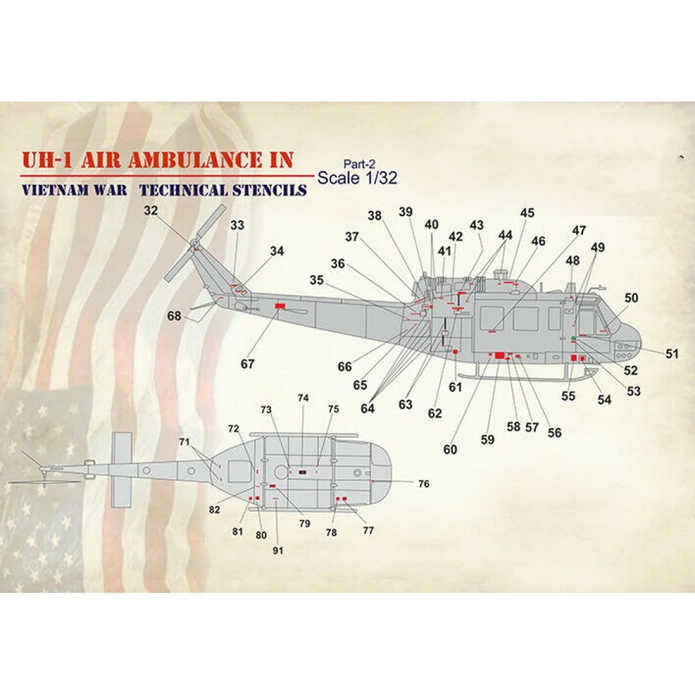 Print Scale 32-031 Decal 1:32 UH-1 Air Ambulance in Vietnam War + Technical Stencils The complete set 2 leaf