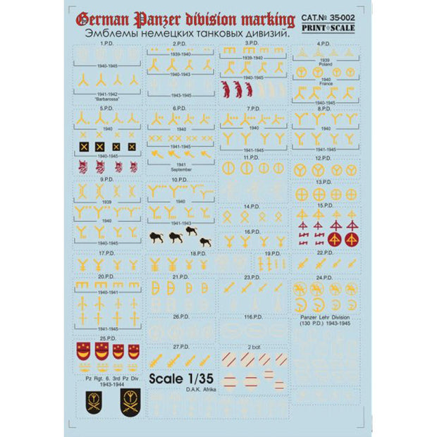 Print Scale 35-002 Decal Emblems tank division of Germany 1939-45, A part 2 Scale 1:35 for Tank Plastic model kit