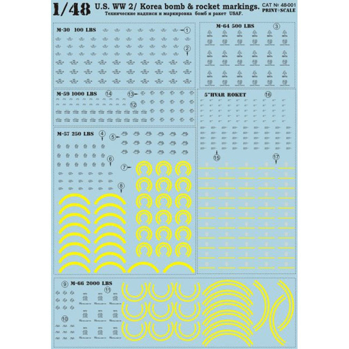 Print Scale 48-001 Decal 1:48 Technical inscriptions and marks of airbombs USAF, The second world war and Korea