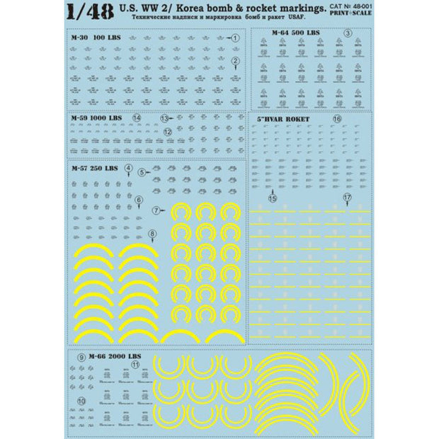 Print Scale 48-001 Decal 1:48 Technical inscriptions and marks of airbombs USAF, The second world war and Korea