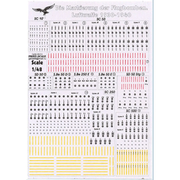 Print Scale 48-014 Decal 1:48 Marking and technical inscriptions WWII-era German Air Force external stores. Die Markierung der Flugbomben. WWII-era German Air Force 1930-1940