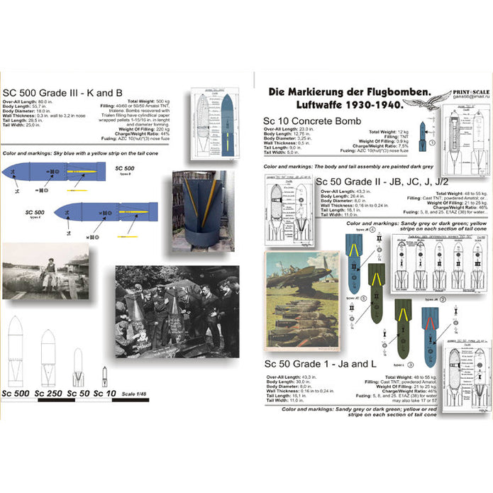 Print Scale 48-014 Decal 1:48 Marking and technical inscriptions Luftwaffe bombs. Die Markierung der Flugbomben. Luftwaffe 1930-1940