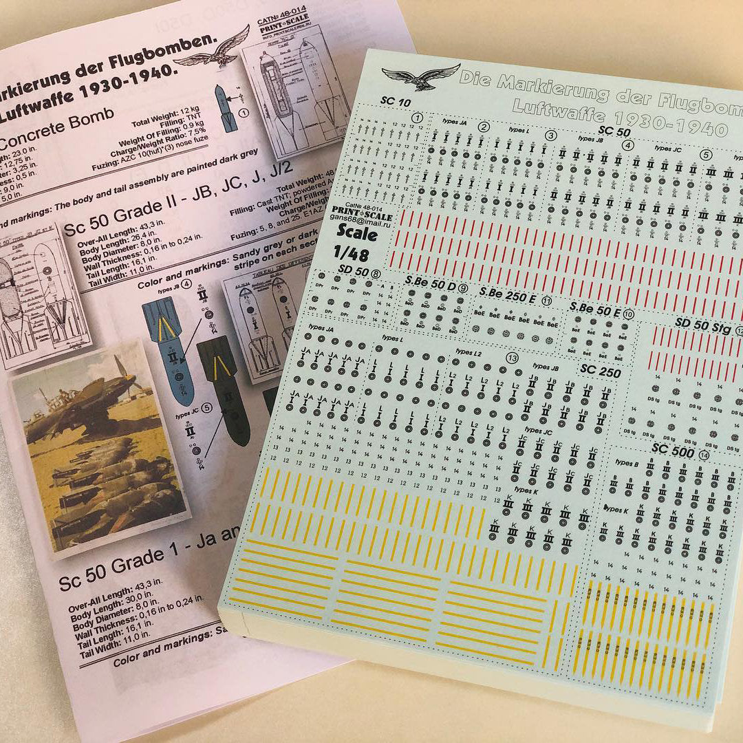 Print Scale 48-014 Decal 1:48 Marking and technical inscriptions Luftwaffe bombs. Die Markierung der Flugbomben. Luftwaffe 1930-1940