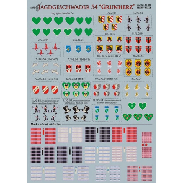 Print Scale 48-016 Decal JAGDGESCHWADER 54 GRUNHERZ Scale 1:48 for Aircraft Plastic model kit