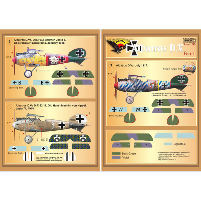 Print Scale 48-022 Decal Albatros D.V. Part 1 Scale 1:48 for Aircraft Plastic model kit