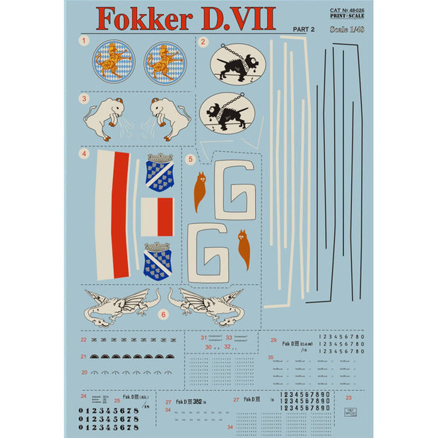 Print Scale 48-026 Decal Fokker D VII Part 2 The complete set 3 leaf Scale 1:48 for Aircraft Plastic model kit