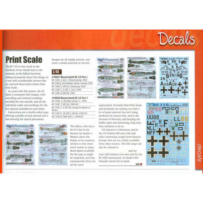 Print Scale 48-027 Decal Messershmit Me-110 Part 1 Scale 1:48 for Aircraft Plastic model kit