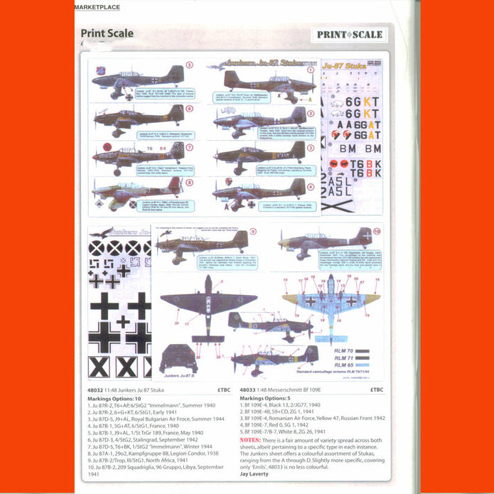 Print Scale 48-032 Decal Junkers Ju-87 Stuka The complete set 2 leaf Scale 1:48 for Aircraft Plastic model kit