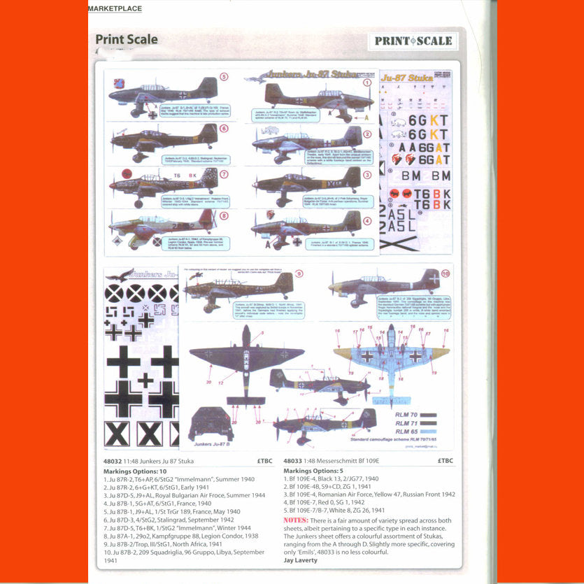 Print Scale 48-032 Decal Junkers Ju-87 Stuka The complete set 2 leaf Scale 1:48 for Aircraft Plastic model kit