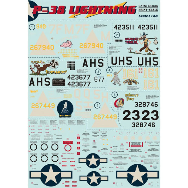 Print Scale 48-036 Decal P-38 Lightning Part 1 Scale 1:48 for Aircraft Plastic model kit