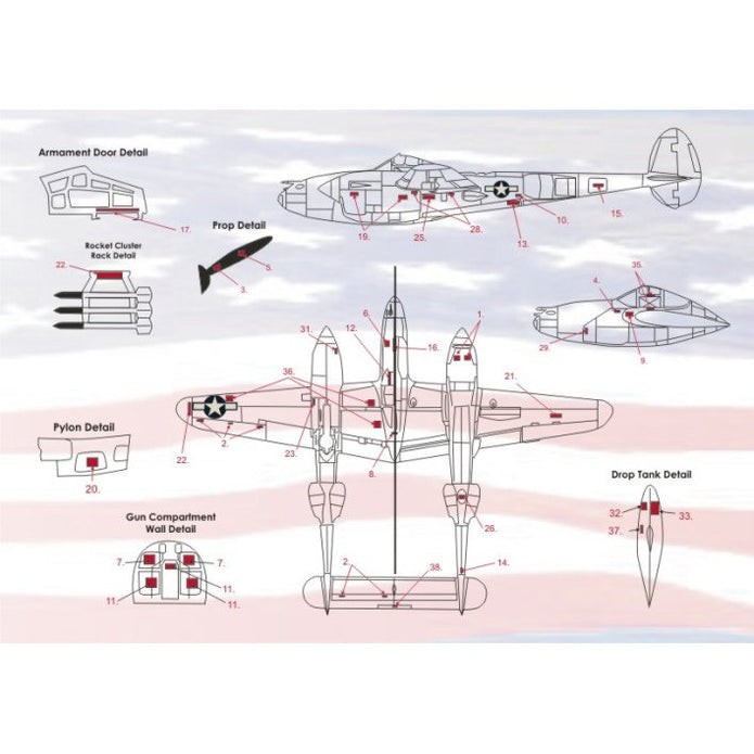 Print Scale 48-036 Decal P-38 Lightning Part 1 Scale 1:48 for Aircraft Plastic model kit