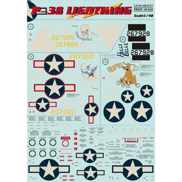 Print Scale 48-037 Decal P-38 Lightning Part 2 Scale 1:48 for Aircraft Plastic model kit