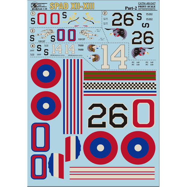 Print Scale 48-047 Decal Spad XII-XIII Part 2 Scale 1:48 for Aircraft Plastic model kit