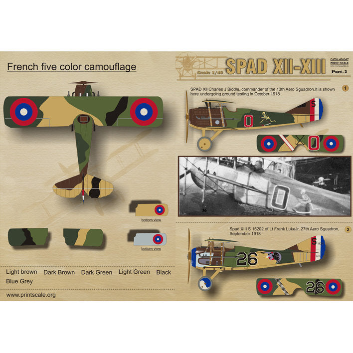 Print Scale 48-047 Decal Spad XII-XIII Part 2 Scale 1:48 for Aircraft Plastic model kit