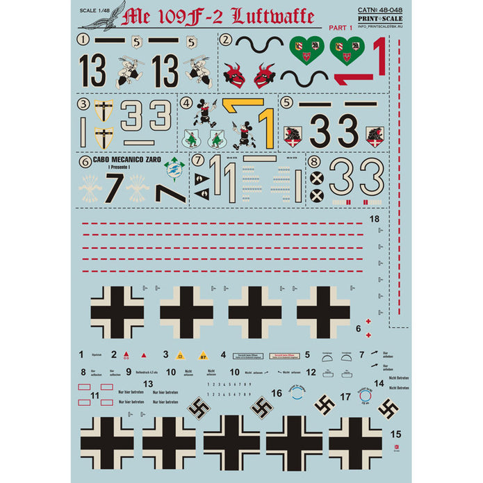 Print Scale 48-048 Decal Messershmit Me-109 F2 Part 1 Scale 1:48 for Aircraft Plastic model kit