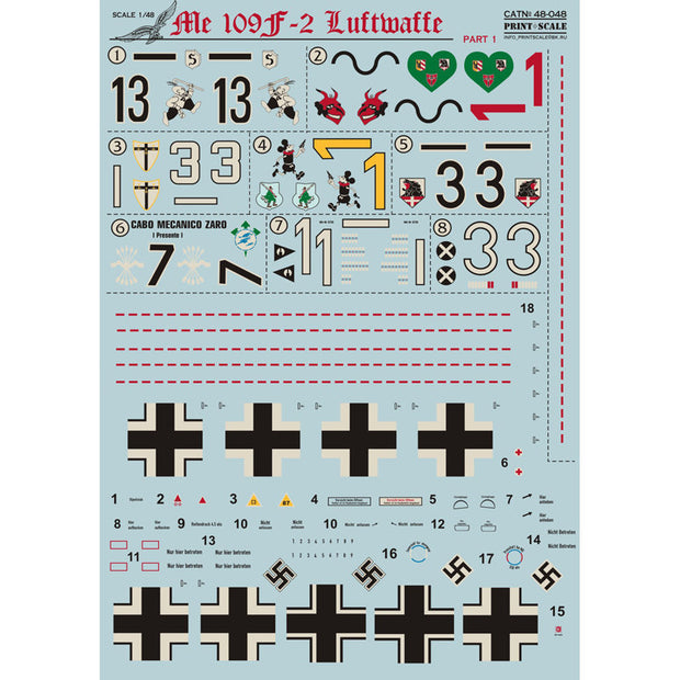 Print Scale 48-048 Decal Messershmit Me-109 F2 Part 1 Scale 1:48 for Aircraft Plastic model kit