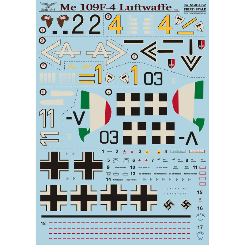 Print Scale 48-052 Decal Messershmit Me-109 F-4 Luftwaffe Part 1 Scale 1:48 for Aircraft Plastic model kit