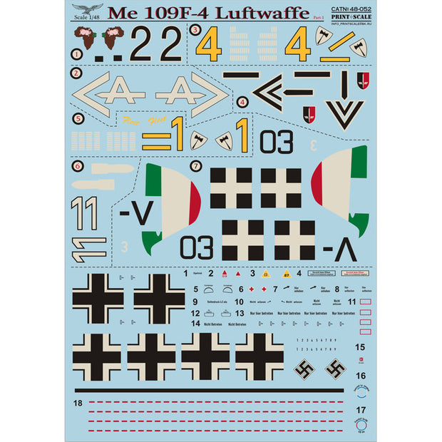 Print Scale 48-052 Decal Messershmit Me-109 F-4 WWII-era German Air Force Part 1 Scale 1:48 for Aircraft Plastic model kit