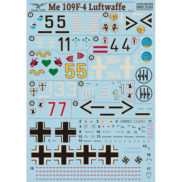 Print Scale 48-053 Decal Messershmit Me-109 F-4 WWII-era German Air Force Part 2 Scale 1:48 for Aircraft Plastic model kit