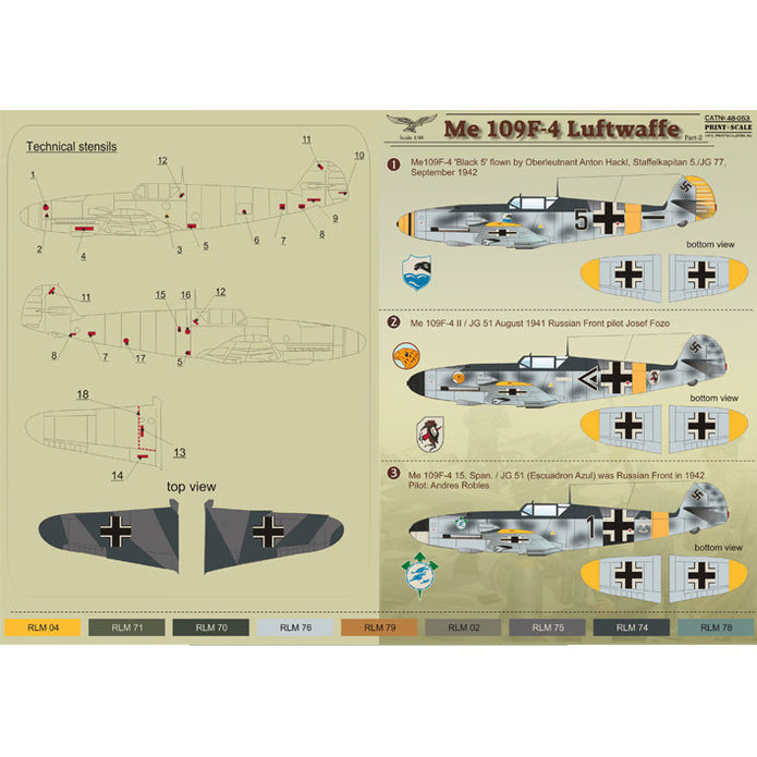 Print Scale 48-053 Decal Messershmit Me-109 F-4 Luftwaffe Part 2 Scale 1:48 for Aircraft Plastic model kit