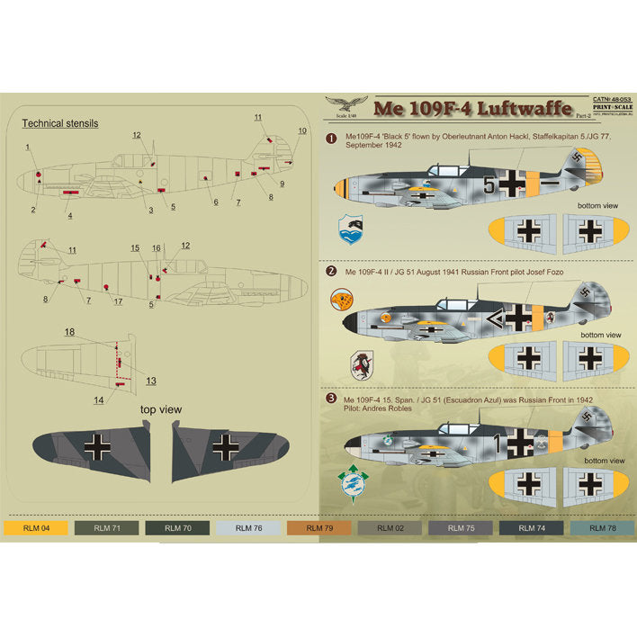 Print Scale 48-053 Decal Messershmit Me-109 F-4 Luftwaffe Part 2 Scale 1:48 for Aircraft Plastic model kit