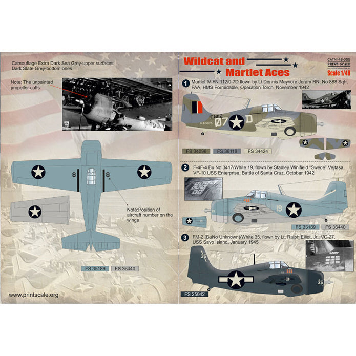 Print Scale 48-055 Decal Wildcat and Martlet Aces Scale 1:48 for Aircraft Plastic model kit
