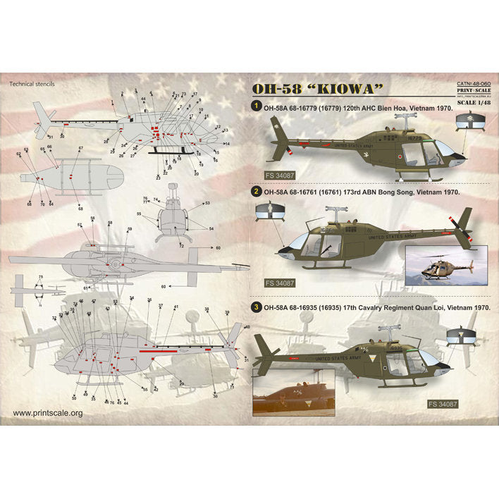 Print Scale 48-060 Decal Bell OH-58 Kiowa Helicopter Part 1 Scale 1:48 for Helicopter Plastic model kit