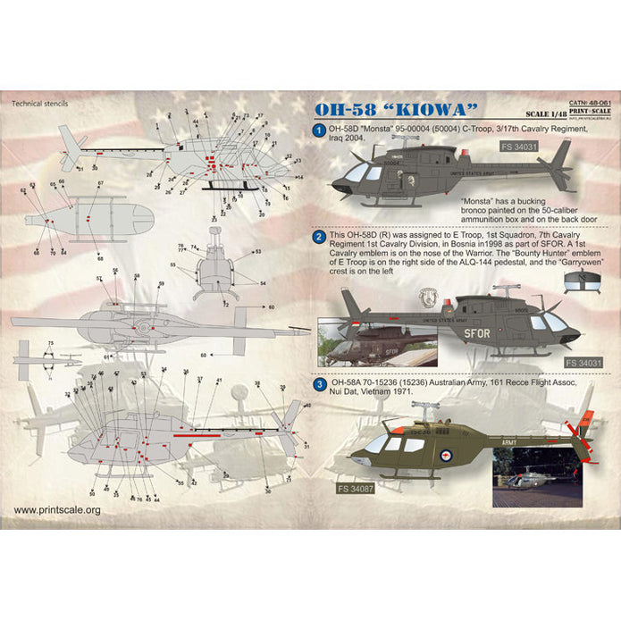 Print Scale 48-061 Decal Bell OH-58 Kiowa Helicopter Part 2 Scale 1:48 for Helicopter Plastic model kit