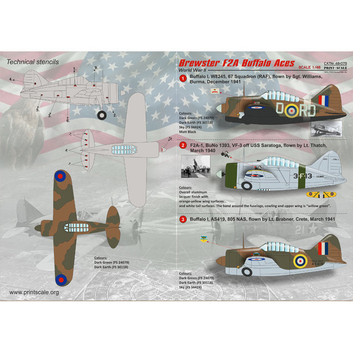 Print Scale 48-075 Decal Brewster F2A Buffalo l Scale 1:48 for Aircraft Plastic model kit