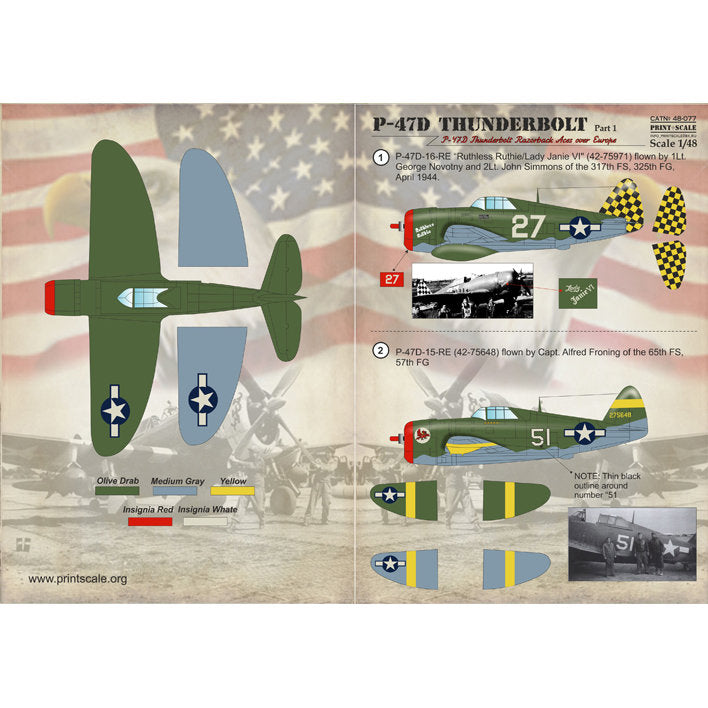 Print Scale 48-077 Decal 1:48 P-47D Thunderbolt Razorback Aces over Europe Part 1