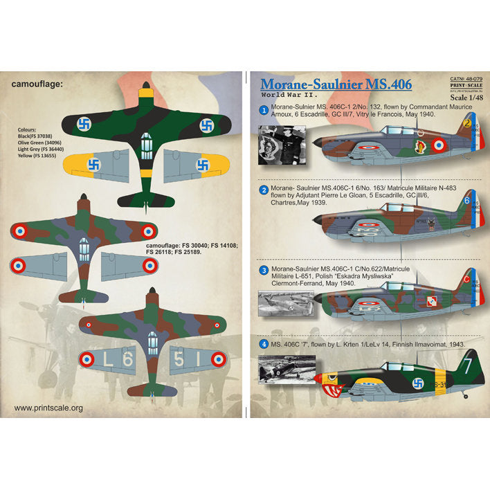 Print Scale 48-079 Decal Morane-Saulnier MS. 406 Scale 1:48 for Aircraft Plastic model kit