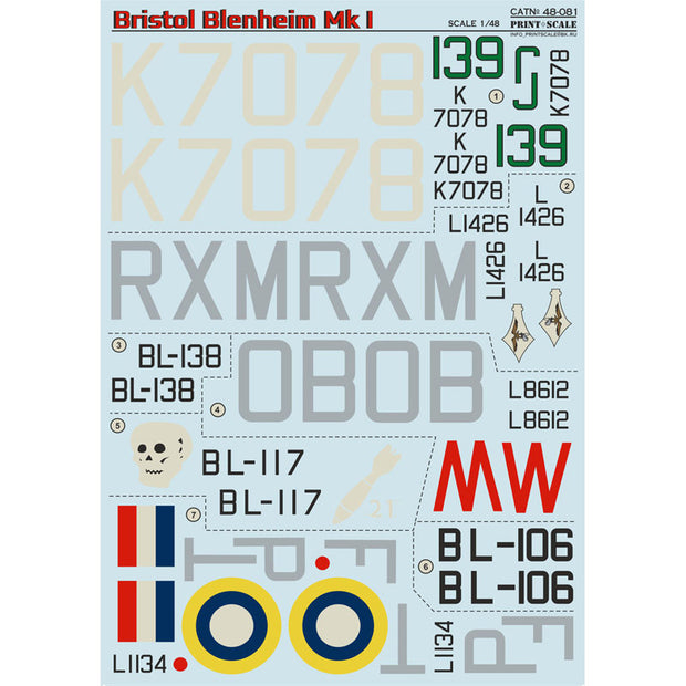 Print Scale 48-081 Decal Bristol Blenheim. The complete set 2 leaf Scale 1:48 for Aircraft Plastic model kit