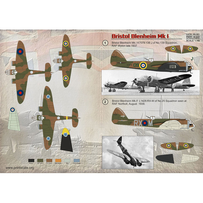 Print Scale 48-081 Decal Bristol Blenheim. The complete set 2 leaf Scale 1:48 for Aircraft Plastic model kit