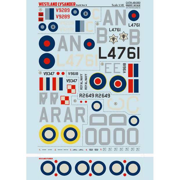 Print Scale 48-083 Decal Westland Lysander Scale 1:48 for Aircraft Plastic model kit