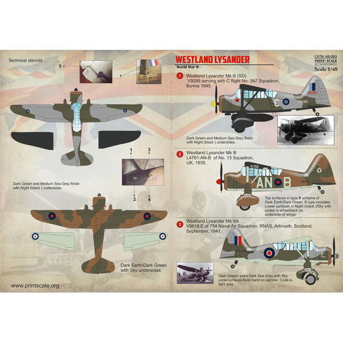 Print Scale 48-083 Decal Westland Lysander Scale 1:48 for Aircraft Plastic model kit