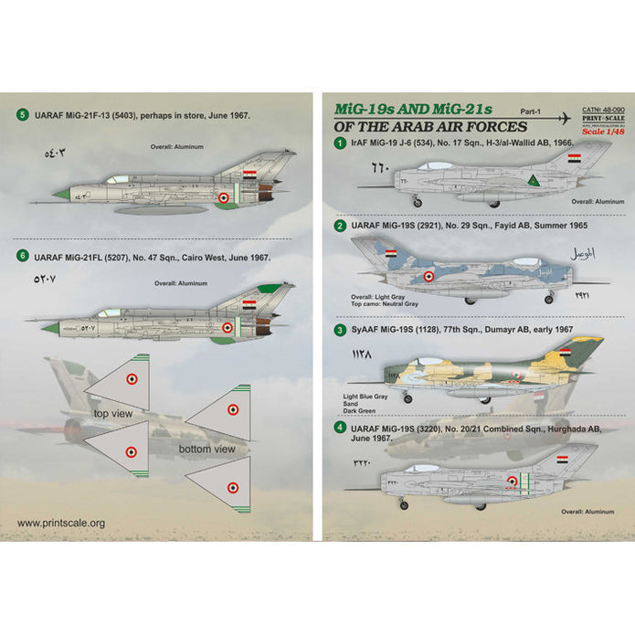 Print Scale 48-090 Decal MiG-19s and MiG-21s of the Arab Air Force Part 1 Scale 1:48 for Aircraft Plastic model kit