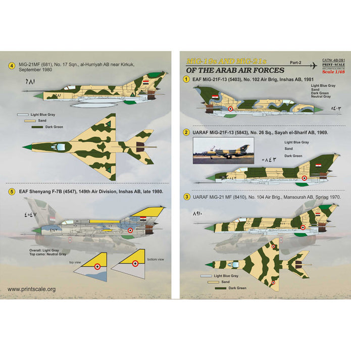 Print Scale 48-091 Decal MiG-19s and MiG-21s of the Arab Air Force Part 2 Scale 1:48 for Aircraft Plastic model kit