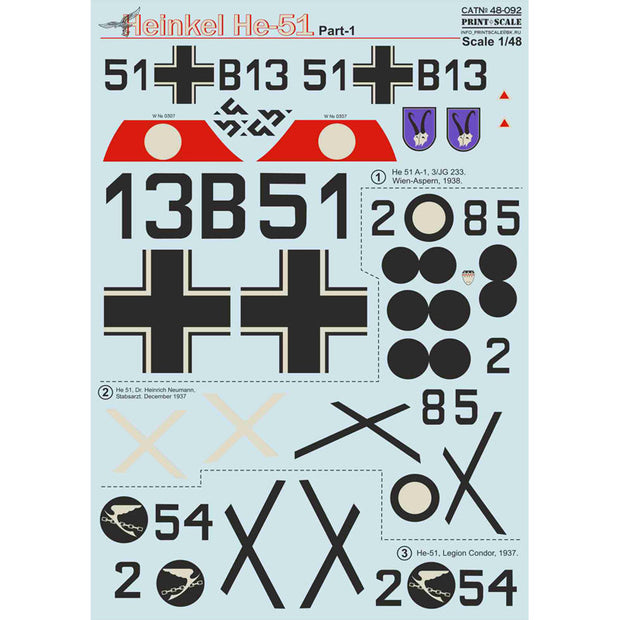 Print Scale 48-092 Decal Heinkel He-51 Part 1 Scale 1:48 for Aircraft Plastic model kit