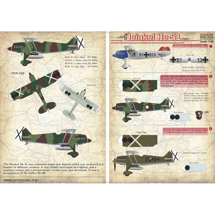 Print Scale 48-092 Decal Heinkel He-51 Part 1 Scale 1:48 for Aircraft Plastic model kit