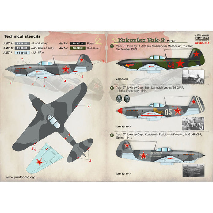 Print Scale 48-094 Decal Yakovlev Yak-9K Part 1 Scale 1:48 for Aircraft Plastic model kit