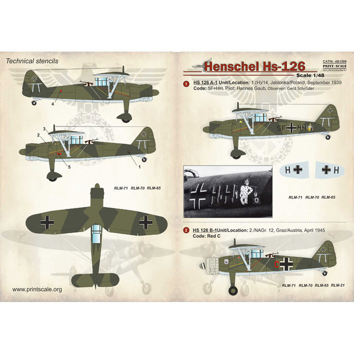 Print Scale 48-099 Decal Henschel Hs-126 The complete set 1,5 leaf Scale 1:48 for Aircraft Plastic model kit