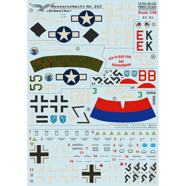 Print Scale 48-100 Decal Messerschmitt Me-262 "Schwalbe" Scale 1:48 for Aircraft Plastic model kit