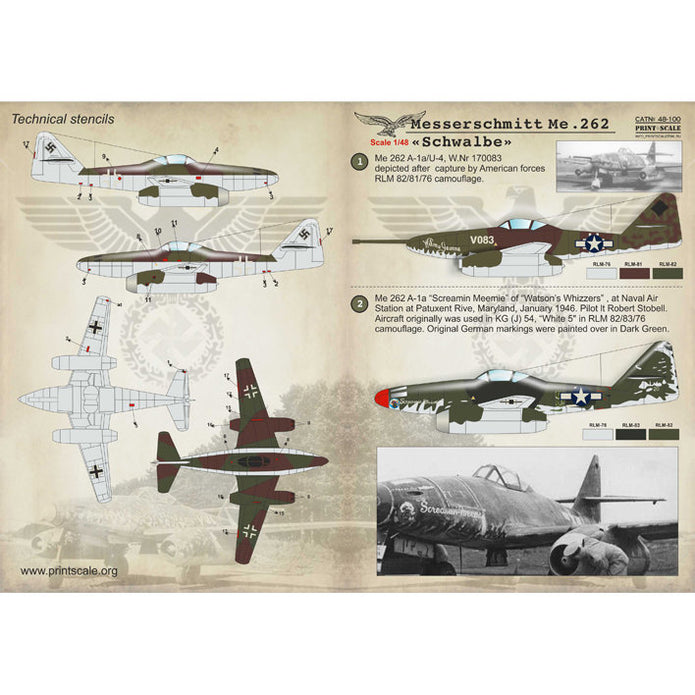 Print Scale 48-100 Decal Messerschmitt Me-262 "Schwalbe" Scale 1:48 for Aircraft Plastic model kit