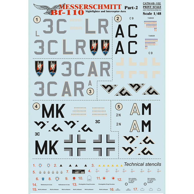 Print Scale 48-102 Decal 1:48 Messershmit Me-110 Part 2 The complete set 1,5 leaf