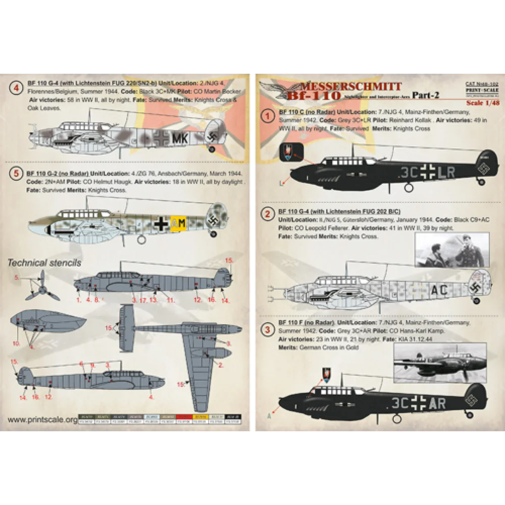 Print Scale 48-102 Decal 1:48 Messershmit Me-110 Part 2 The complete set 1,5 leaf