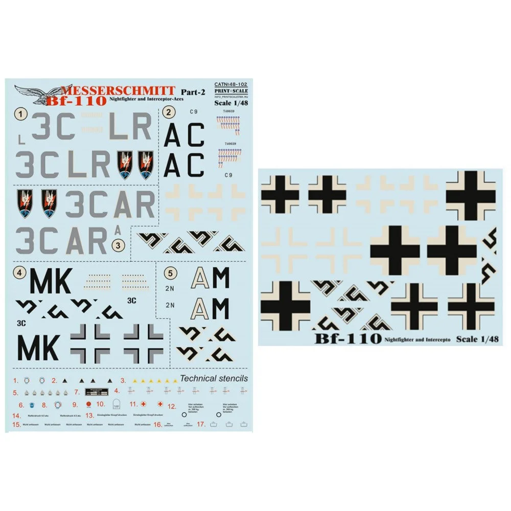 Print Scale 48-102 Decal 1:48 Messershmit Me-110 Part 2 The complete set 1,5 leaf