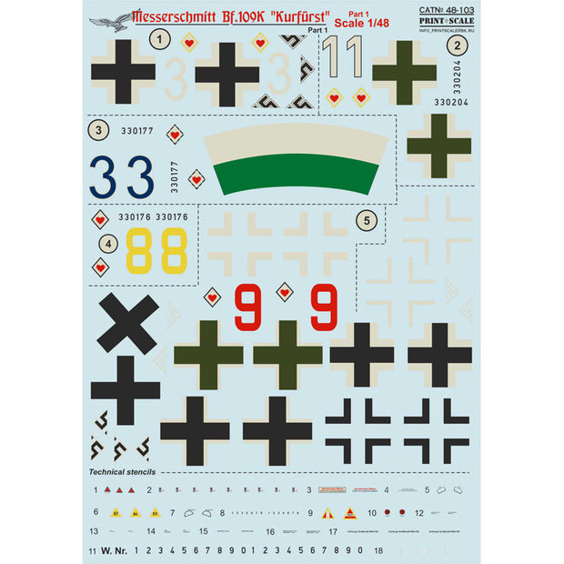 Print Scale 48-103 Decal 1:48 BF 109 K Kurfurst Part 1 The complete set 1.5 leaf