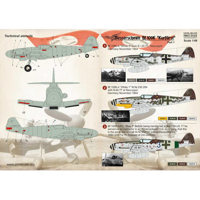 Print Scale 48-103 Decal 1:48 BF 109 K Kurfurst Part 1 The complete set 1.5 leaf