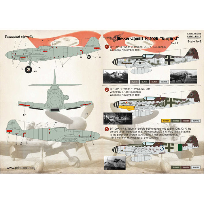 Print Scale 48-103 Decal 1:48 BF 109 K Kurfurst Part 1 The complete set 1.5 leaf